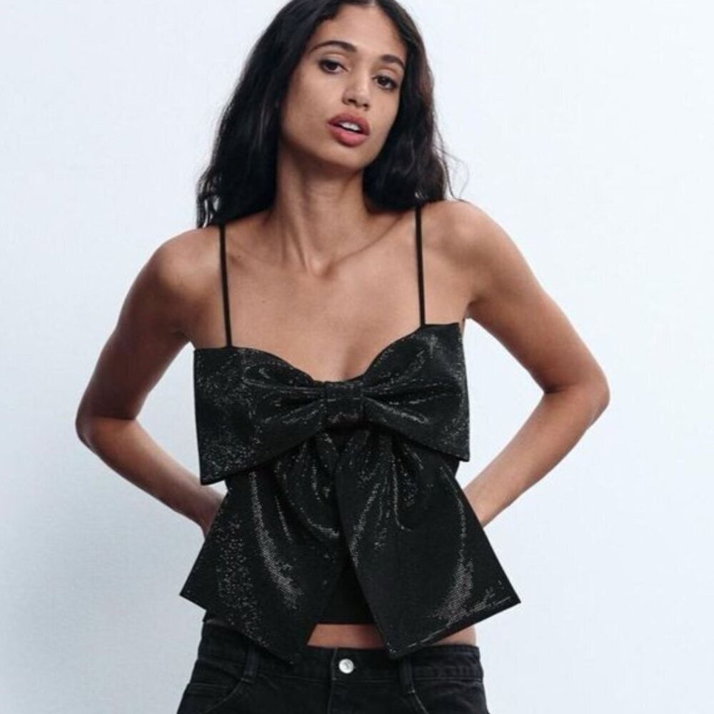 New! Zara Black Rhinestone Shimmer Statement Bow Top Size Small 51019